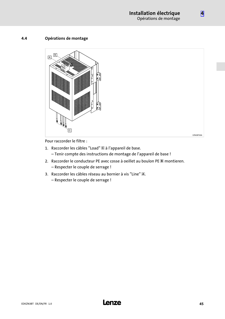 4 opérations de montage, Opérations de montage, Installation électrique | Lenze EZN3B0055H060N003 User Manual | Page 45 / 46