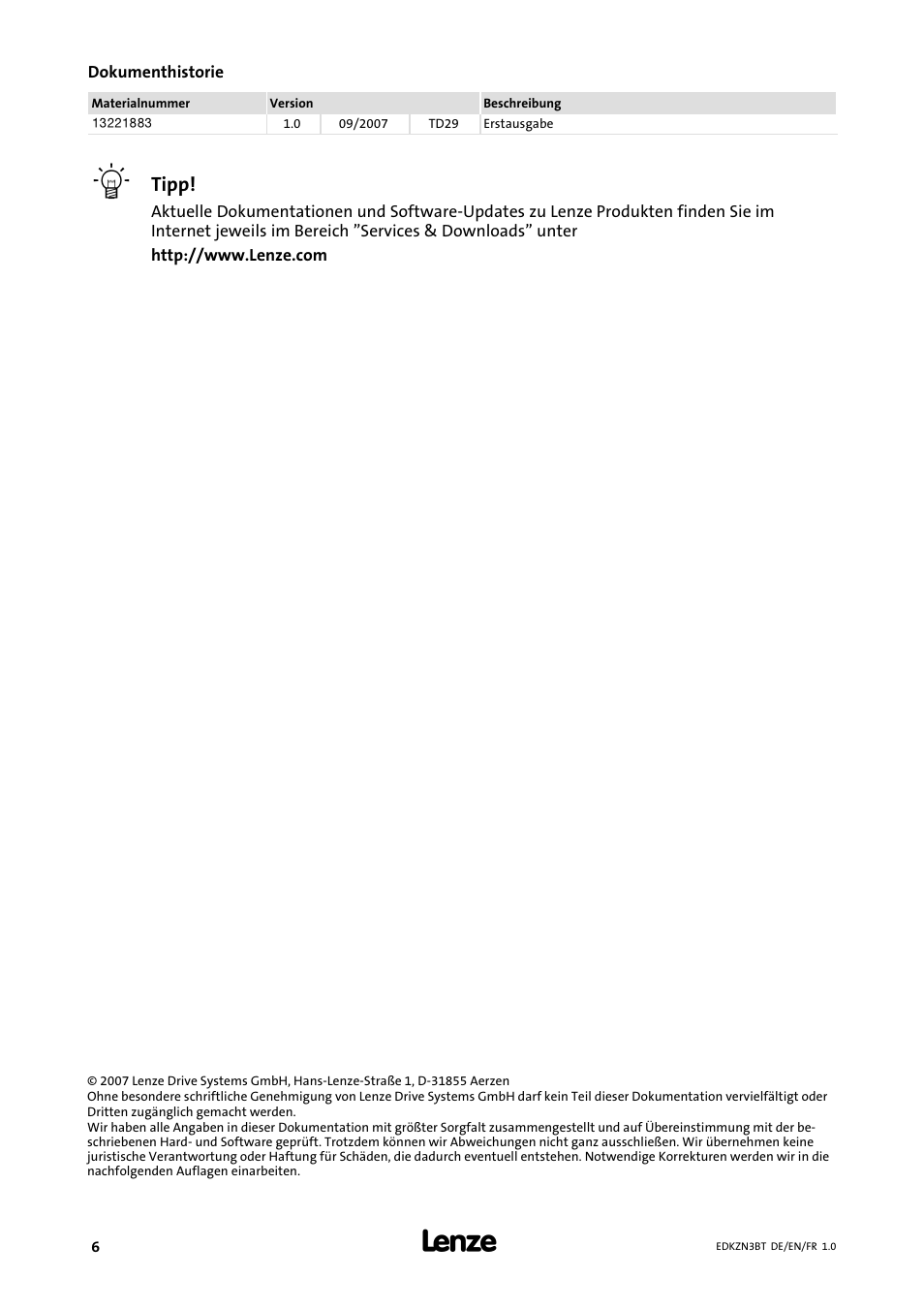 Dokumenthistorie, Tipp | Lenze EZN3B0055H060N003 User Manual | Page 6 / 46