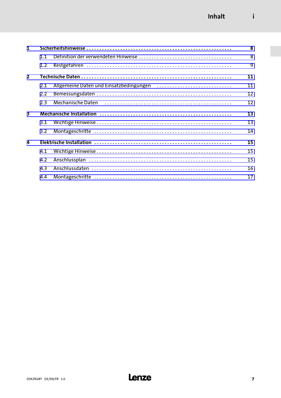 Inhalt, Inhalt i | Lenze EZN3B0055H060N003 User Manual | Page 7 / 46
