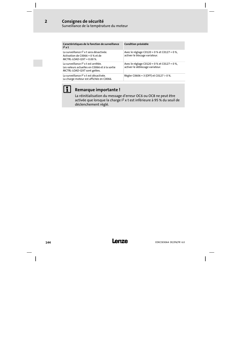 Consignes de sécurité, Remarque importante | Lenze ECSEAxxx User Manual | Page 144 / 200