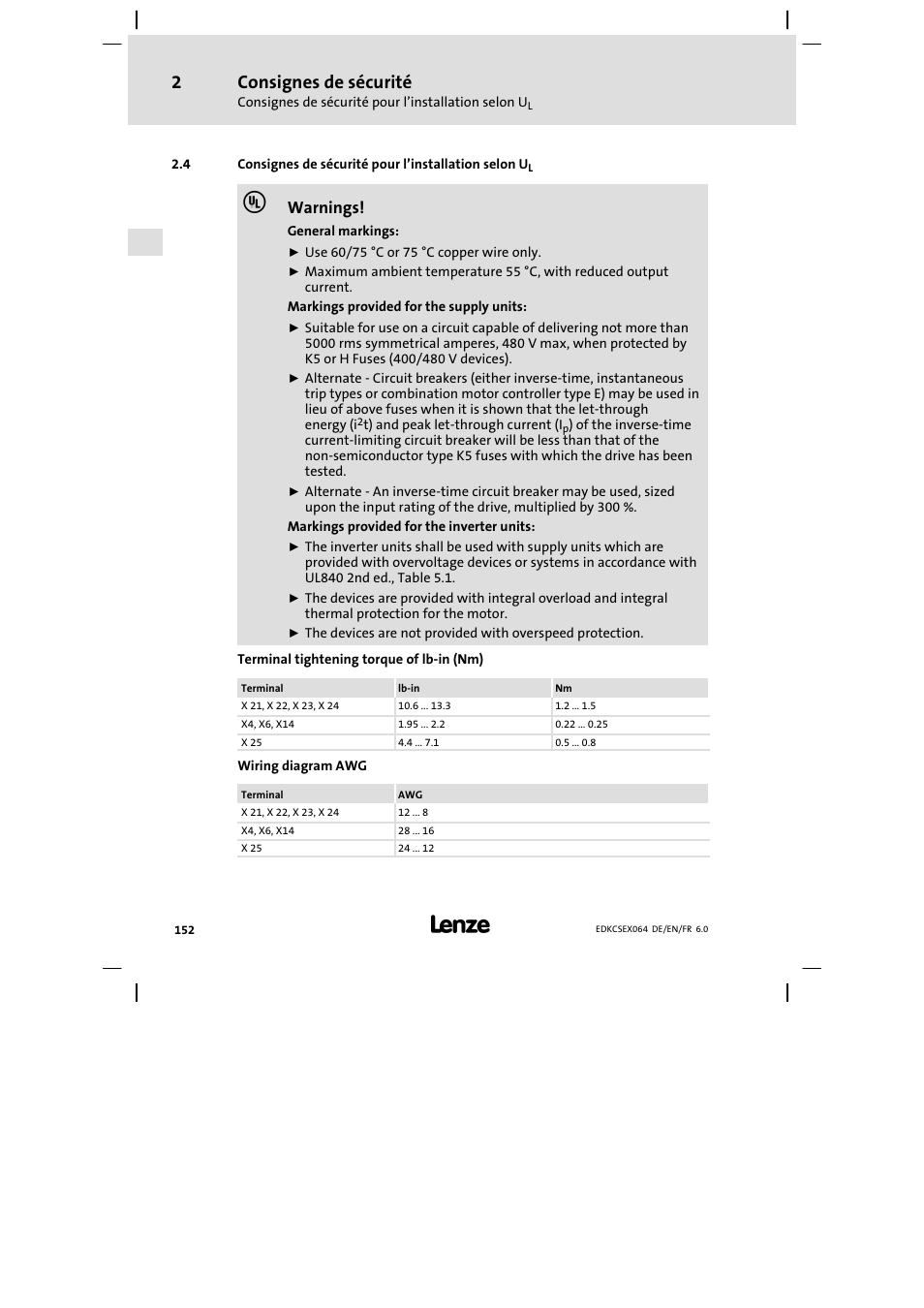 Consignes de sécurité pour l'installation selon ul, Consignes de sécurité pour l’installation selon ul, Consignes de sécurité | Warnings | Lenze ECSEAxxx User Manual | Page 152 / 200
