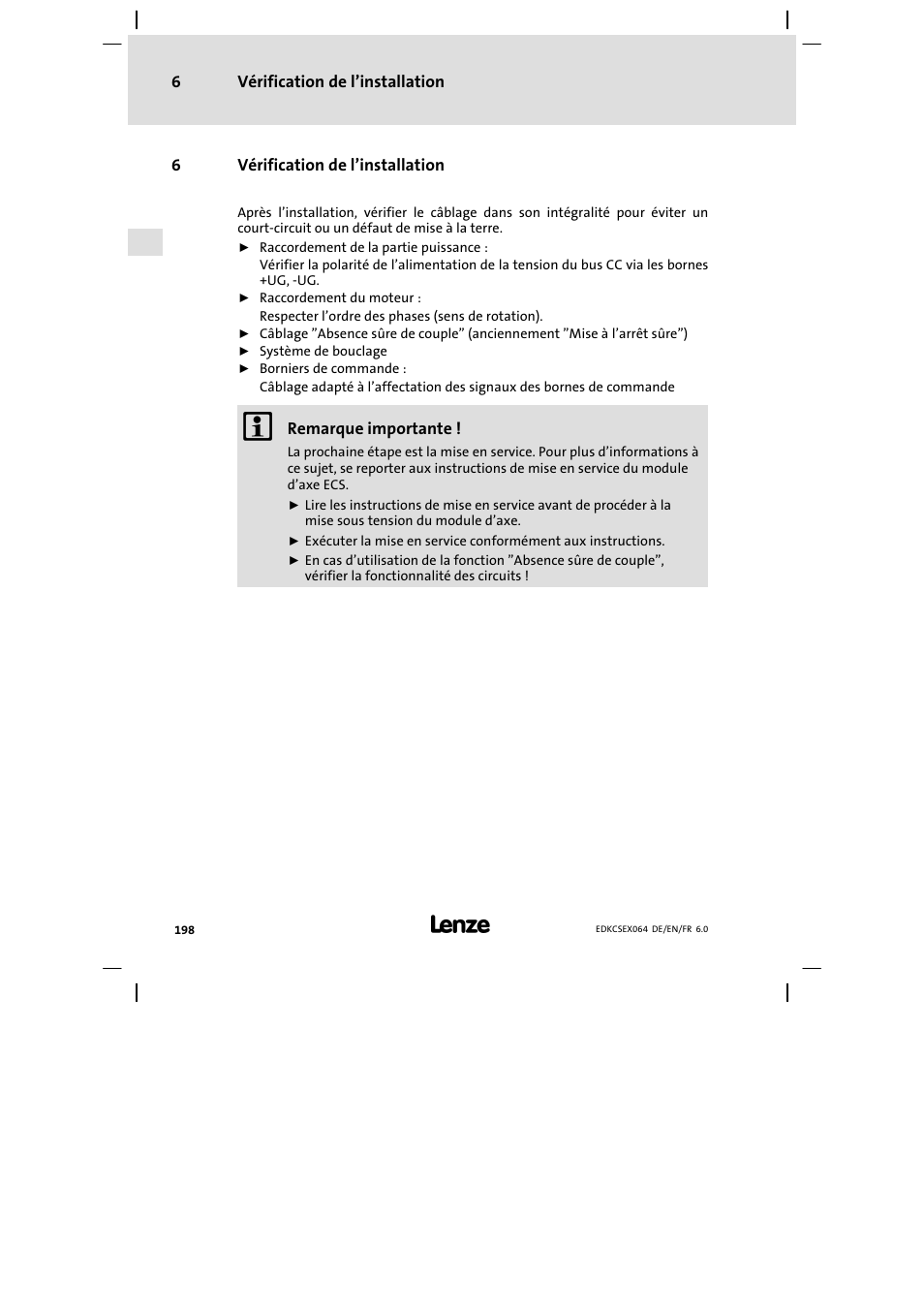 Vérification de l'installation, Vérification de l’installation | Lenze ECSEAxxx User Manual | Page 198 / 200