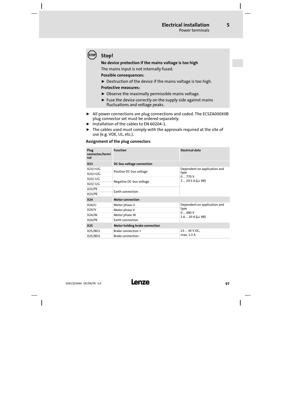 Electrical installation, Stop | Lenze ECSEAxxx User Manual | Page 97 / 200