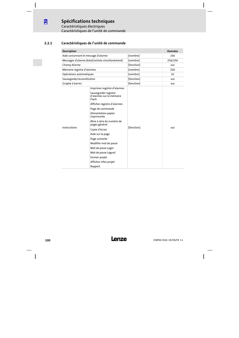 1 caractéristiques de l'unité de commande, Caractéristiques de l’unité de commande, Spécifications techniques | Lenze EPM−H502 User Manual | Page 100 / 134