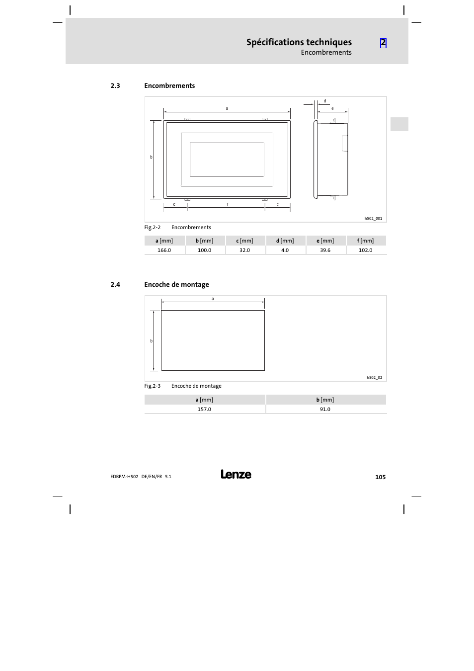 3 encombrements, 4 encoche de montage, Encombrements | Encoche de montage, Spécifications techniques | Lenze EPM−H502 User Manual | Page 105 / 134