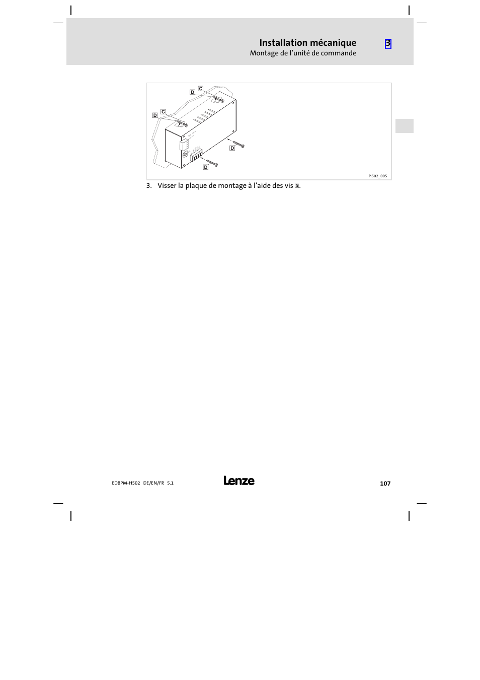 Installation mécanique, Montage de l’unité de commande, Visser la plaque de montage à l’aide des vis | Lenze EPM−H502 User Manual | Page 107 / 134