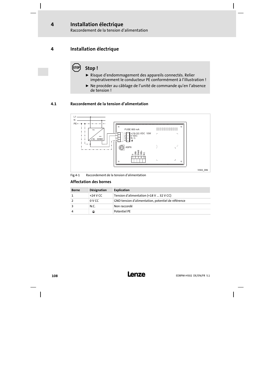 4 installation électrique, 1 raccordement de la tension d'alimentation, Installation électrique | Raccordement de la tension d’alimentation, 4installation électrique, Stop | Lenze EPM−H502 User Manual | Page 108 / 134