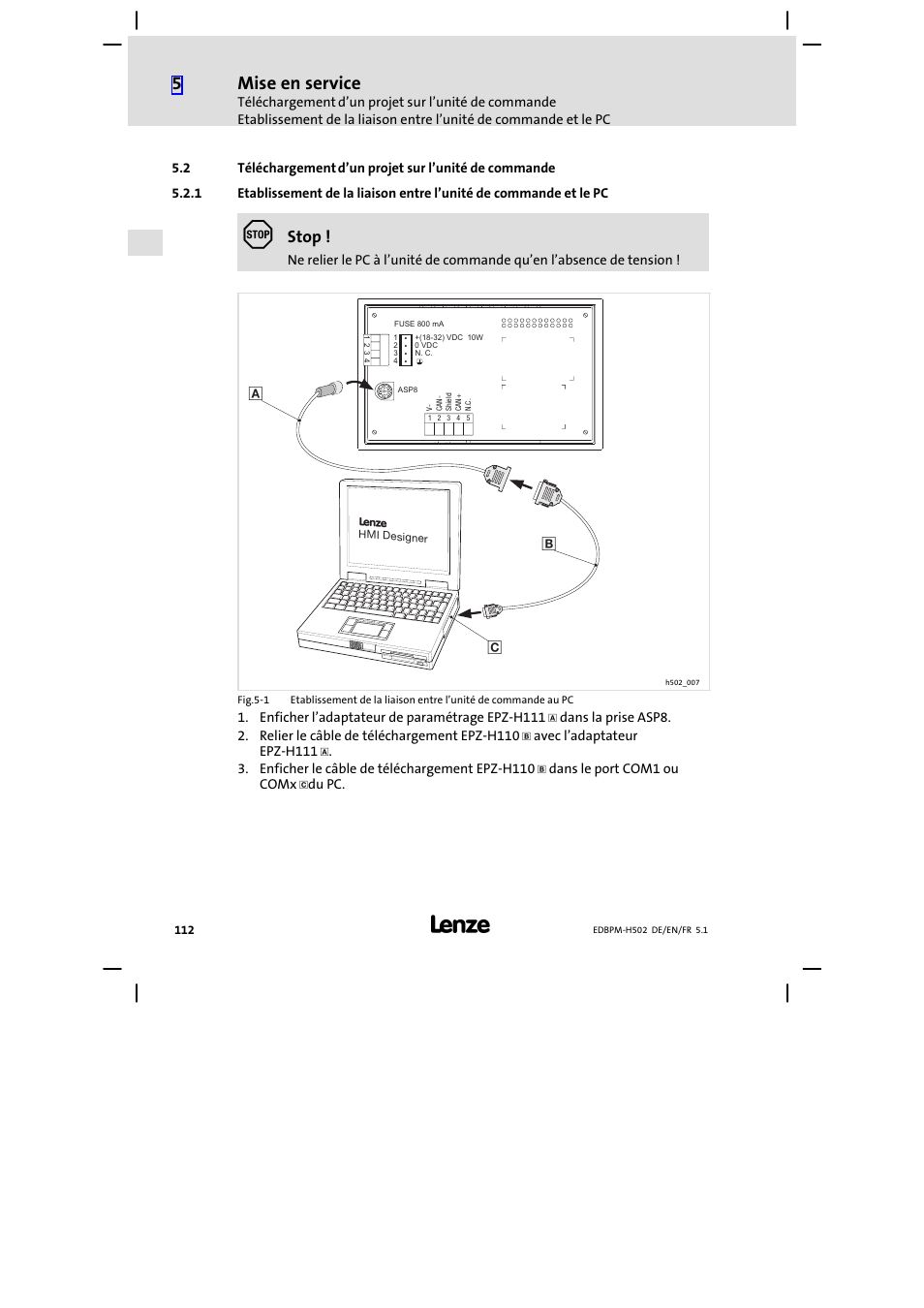 Téléchargement d’un projet sur l’unité de commande, Mise en service, Stop | Lenze EPM−H502 User Manual | Page 112 / 134