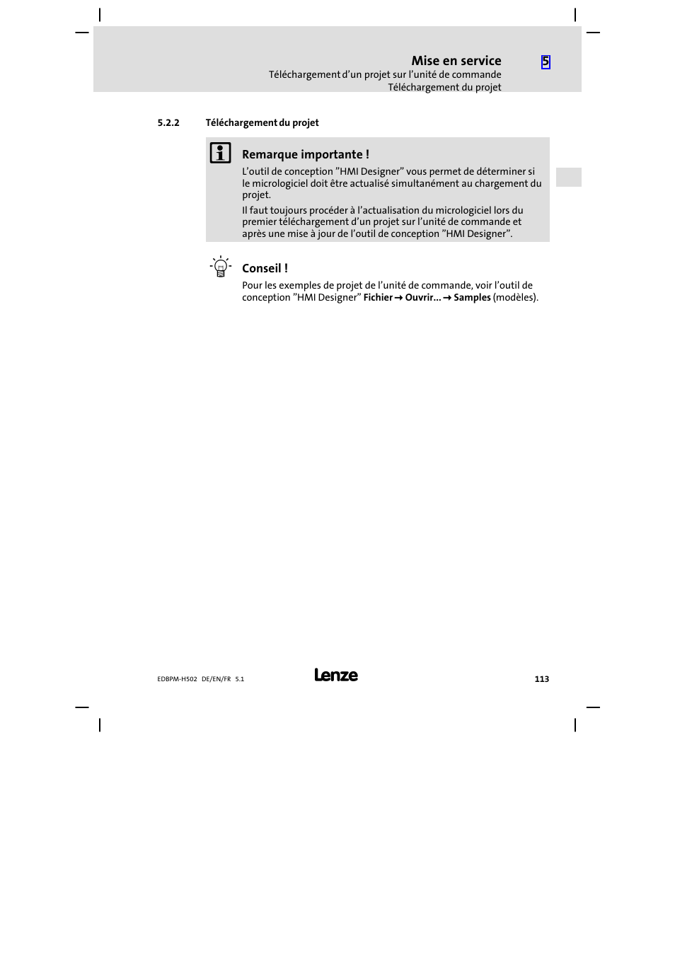 2 téléchargement du projet, Téléchargement du projet | Lenze EPM−H502 User Manual | Page 113 / 134