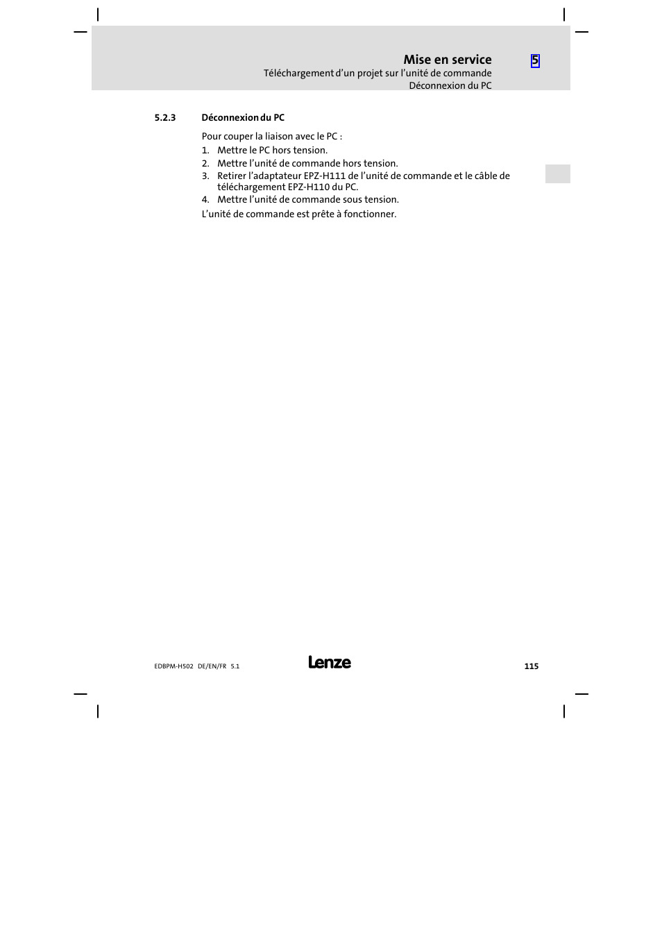 3 déconnexion du pc, Déconnexion du pc, Mise en service | Lenze EPM−H502 User Manual | Page 115 / 134