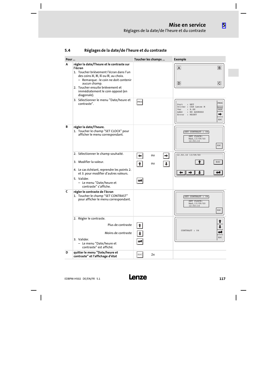 4 réglages de la date/de l'heure et du contraste, Réglages de la date/de l’heure et du contraste, Mise en service | Lenze EPM−H502 User Manual | Page 117 / 134