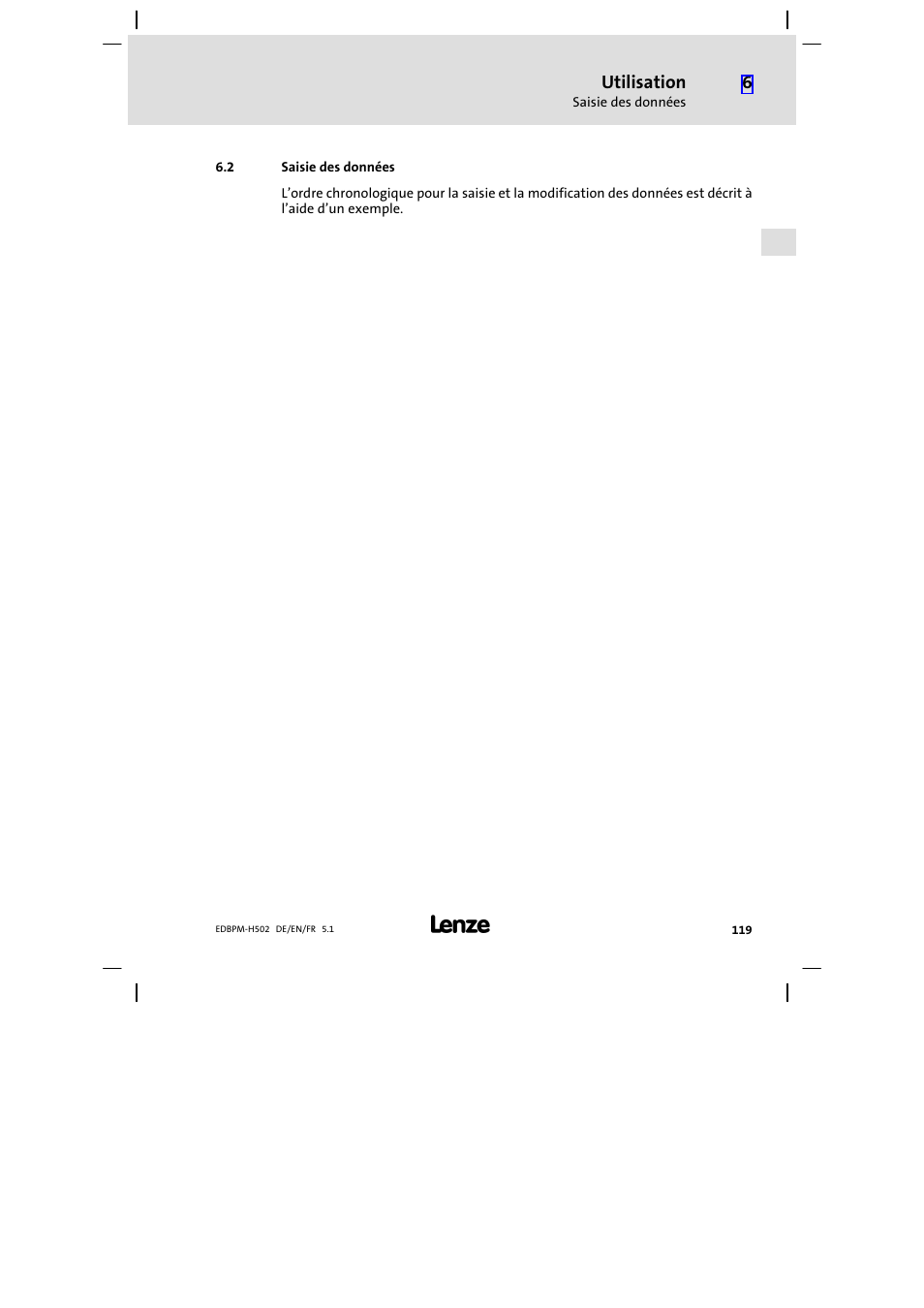 2 saisie des données, Saisie des données, Utilisation | Lenze EPM−H502 User Manual | Page 119 / 134