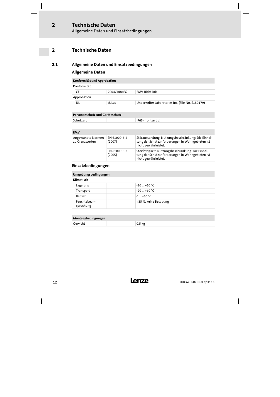 2 technische daten, 1 allgemeine daten und einsatzbedingungen, Technische daten | Allgemeine daten und einsatzbedingungen, 2technische daten | Lenze EPM−H502 User Manual | Page 12 / 134