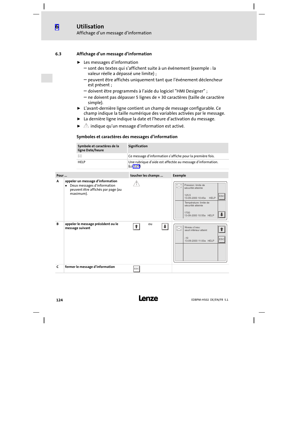 3 affichage d'un message d'information, Affichage d’un message d’information, Utilisation | Lenze EPM−H502 User Manual | Page 124 / 134