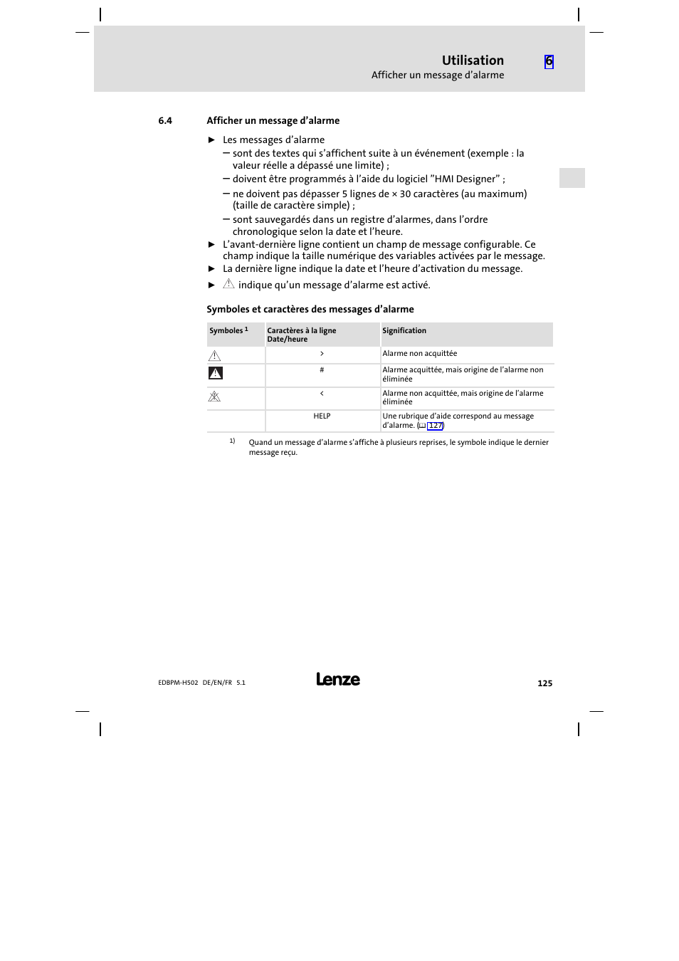 4 afficher un message d'alarme, Afficher un message d’alarme, Utilisation | Lenze EPM−H502 User Manual | Page 125 / 134