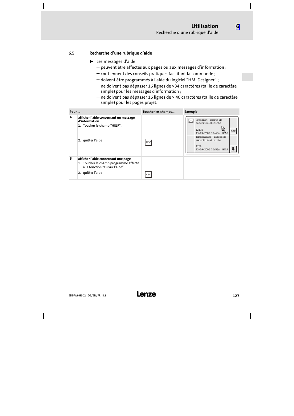 5 recherche d'une rubrique d'aide, Recherche d’une rubrique d’aide, Utilisation | Lenze EPM−H502 User Manual | Page 127 / 134