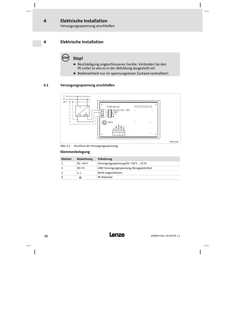 4 elektrische installation, 1 versorgungsspannung anschließen, Elektrische installation | Versorgungsspannung anschließen, 4elektrische installation, Stop | Lenze EPM−H502 User Manual | Page 22 / 134