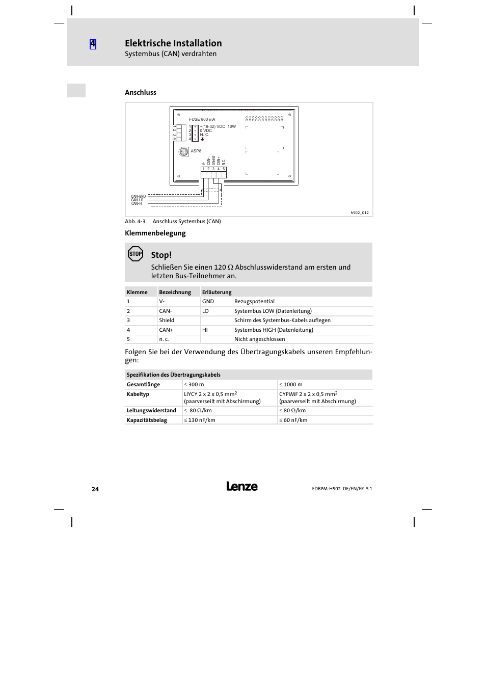 Elektrische installation, Stop | Lenze EPM−H502 User Manual | Page 24 / 134