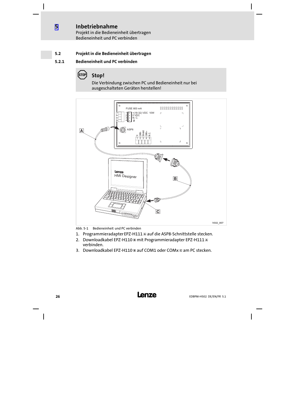 2 projekt in die bedieneinheit übertragen, 1 bedieneinheit und pc verbinden, Projekt in die bedieneinheit übertragen | Bedieneinheit und pc verbinden, Inbetriebnahme, Stop | Lenze EPM−H502 User Manual | Page 26 / 134