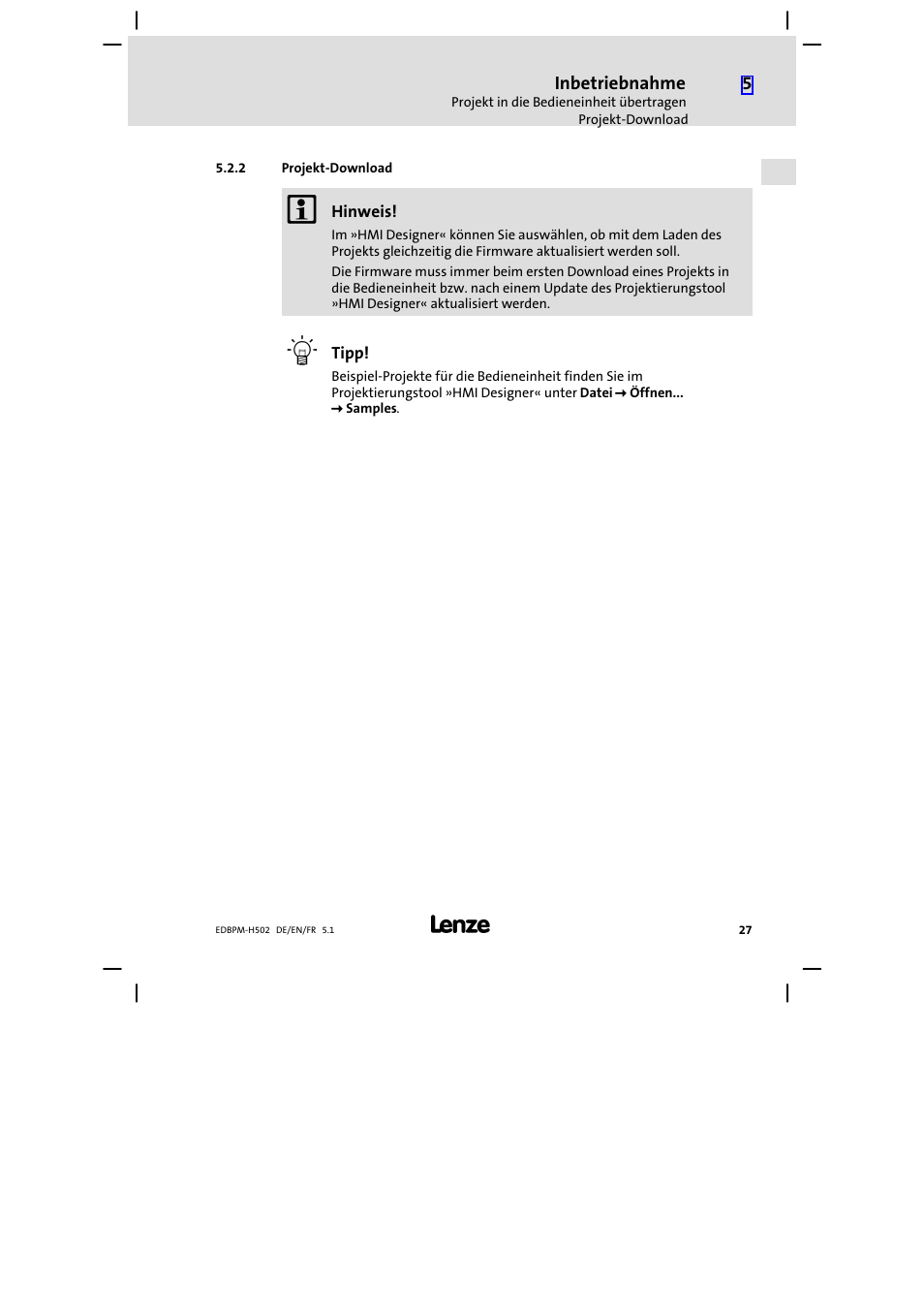2 projekt-download, Projekt−download | Lenze EPM−H502 User Manual | Page 27 / 134