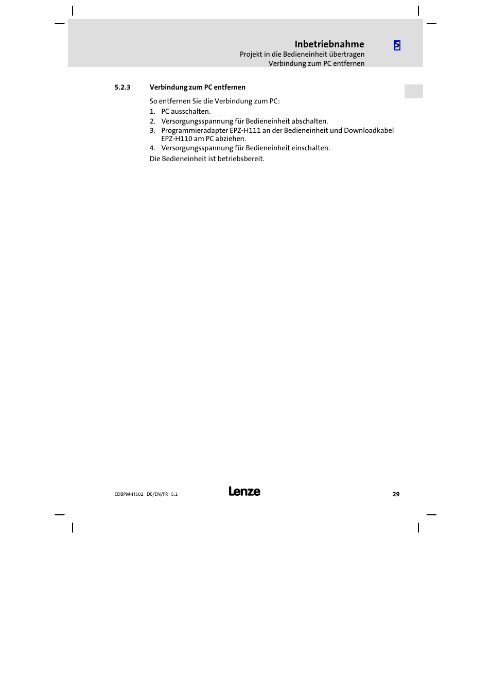 3 verbindung zum pc entfernen, Verbindung zum pc entfernen, Inbetriebnahme | Lenze EPM−H502 User Manual | Page 29 / 134