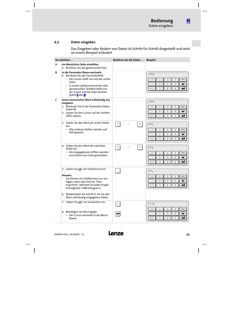 2 daten eingeben, Daten eingeben, Bedienung | Lenze EPM−H502 User Manual | Page 33 / 134