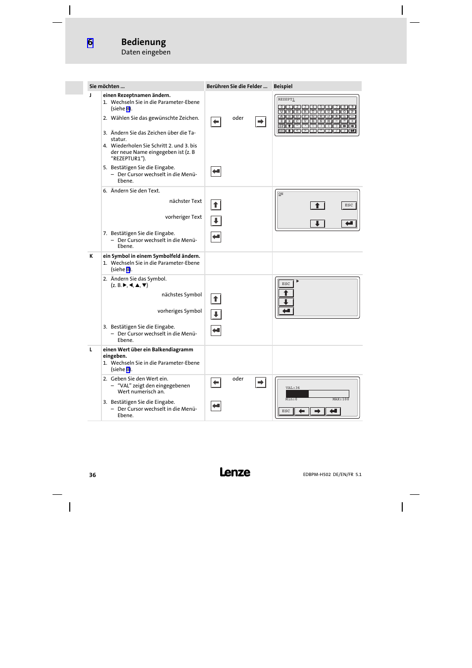 Bedienung, Daten eingeben | Lenze EPM−H502 User Manual | Page 36 / 134