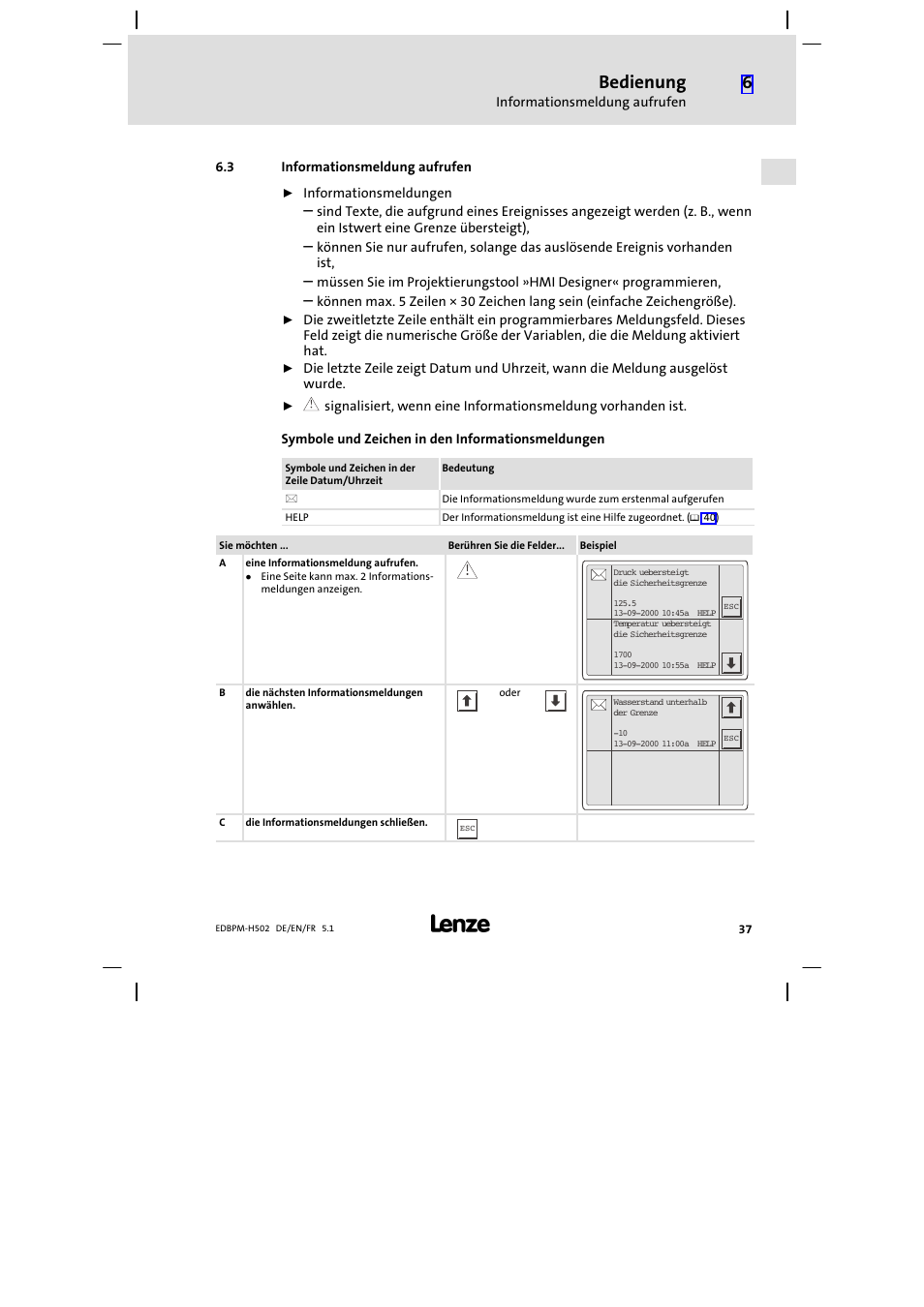 3 informationsmeldung aufrufen, Informationsmeldung aufrufen, Bedienung | Lenze EPM−H502 User Manual | Page 37 / 134