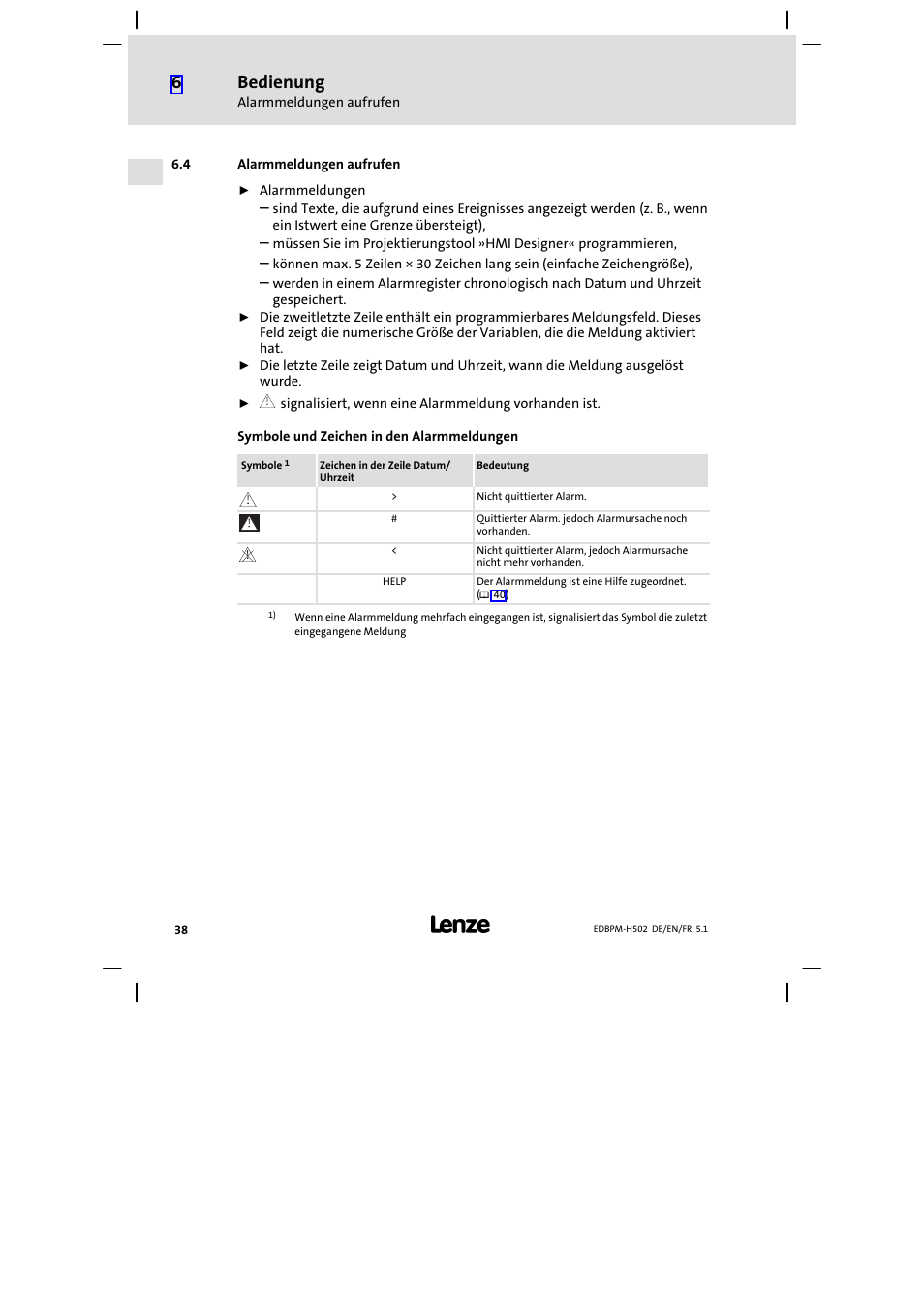 4 alarmmeldungen aufrufen, Alarmmeldungen aufrufen, Bedienung | Lenze EPM−H502 User Manual | Page 38 / 134