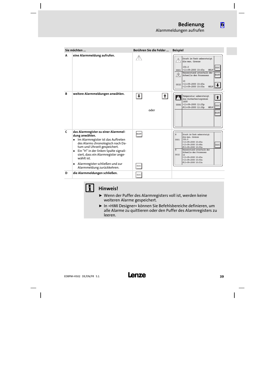 Bedienung, Hinweis | Lenze EPM−H502 User Manual | Page 39 / 134