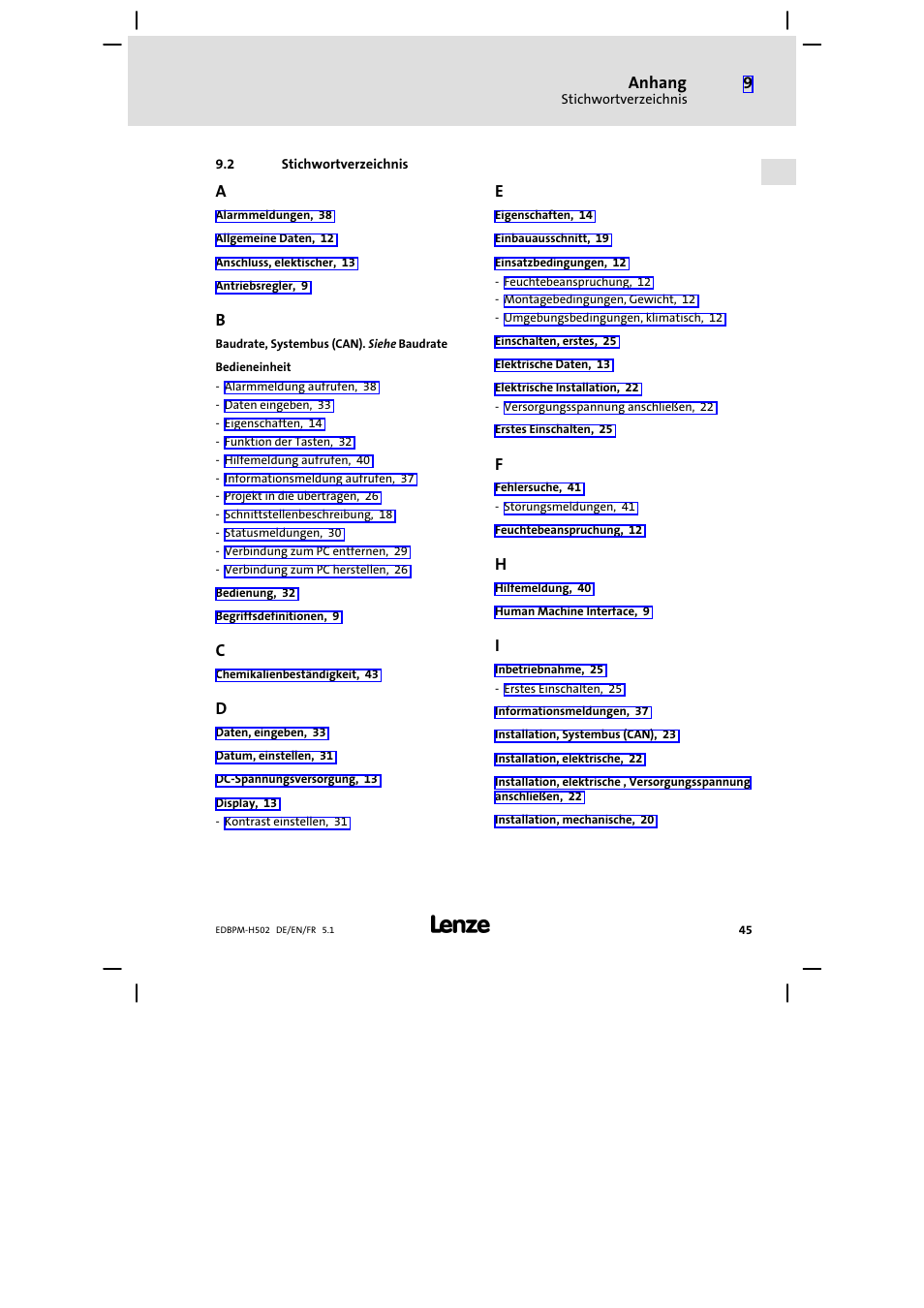 2 stichwortverzeichnis, Stichwortverzeichnis, Anhang | Lenze EPM−H502 User Manual | Page 45 / 134