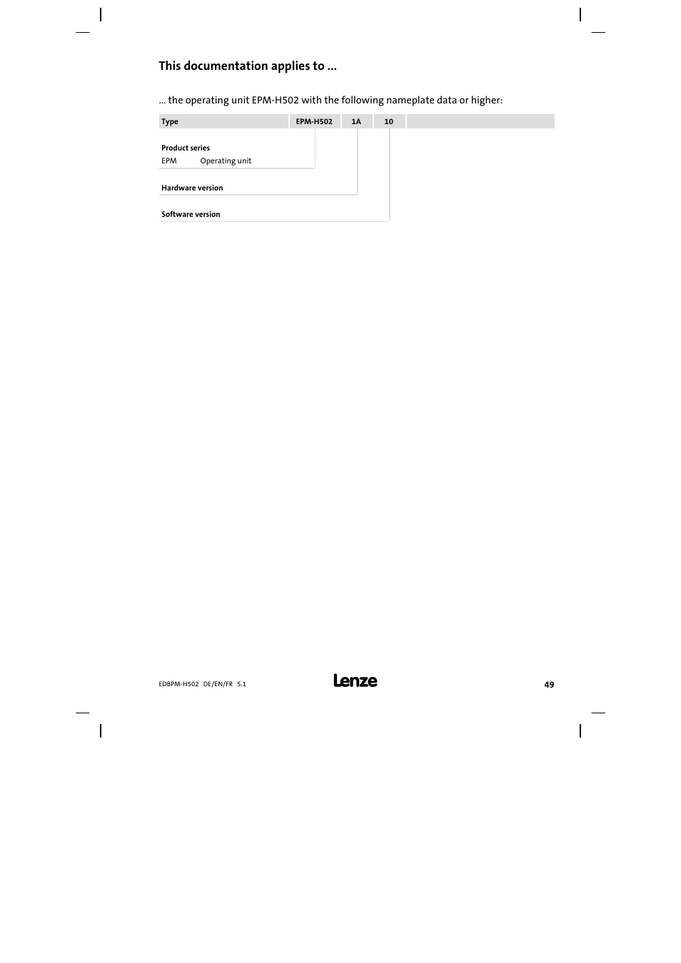 This documentation applies to | Lenze EPM−H502 User Manual | Page 49 / 134