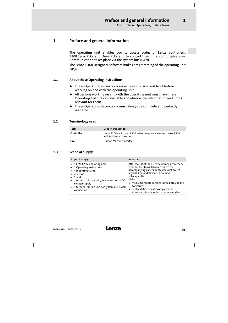 1 preface and general information, 1 about these operating instructions, 2 terminology used | 3 scope of supply, Preface and general information, About these operating instructions, Terminology used, Scope of supply, 1preface and general information | Lenze EPM−H502 User Manual | Page 53 / 134