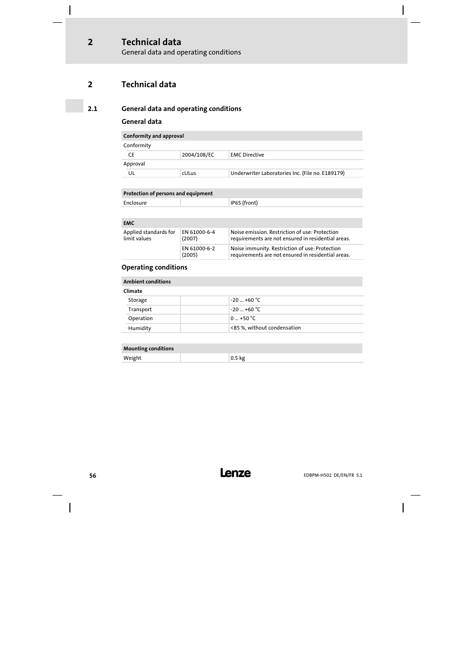 2 technical data, 1 general data and operating conditions, Technical data | General data and operating conditions, 2technical data | Lenze EPM−H502 User Manual | Page 56 / 134