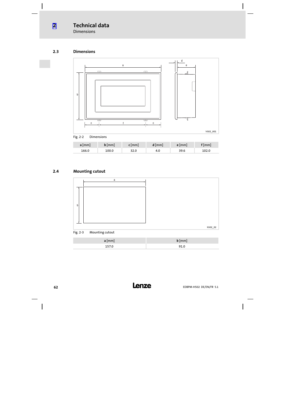 3 dimensions, 4 mounting cutout, Dimensions | Mounting cutout, Technical data | Lenze EPM−H502 User Manual | Page 62 / 134