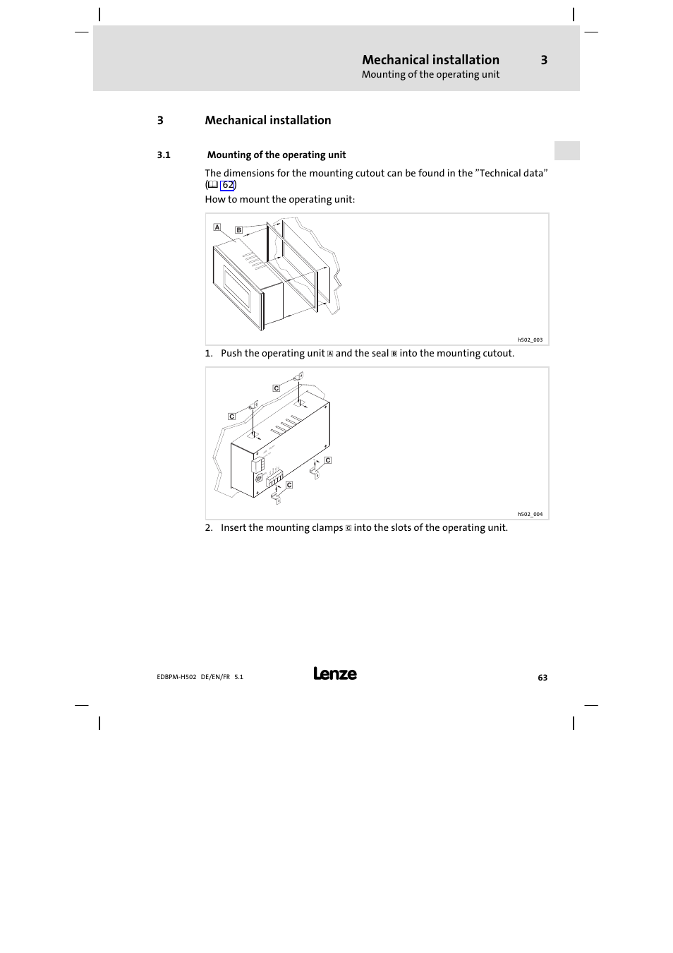 3 mechanical installation, 1 mounting of the operating unit, Mechanical installation | Mounting of the operating unit, 3mechanical installation, Push the operating unit, And the seal, Into the mounting cutout, Insert the mounting clamps, Into the slots of the operating unit | Lenze EPM−H502 User Manual | Page 63 / 134