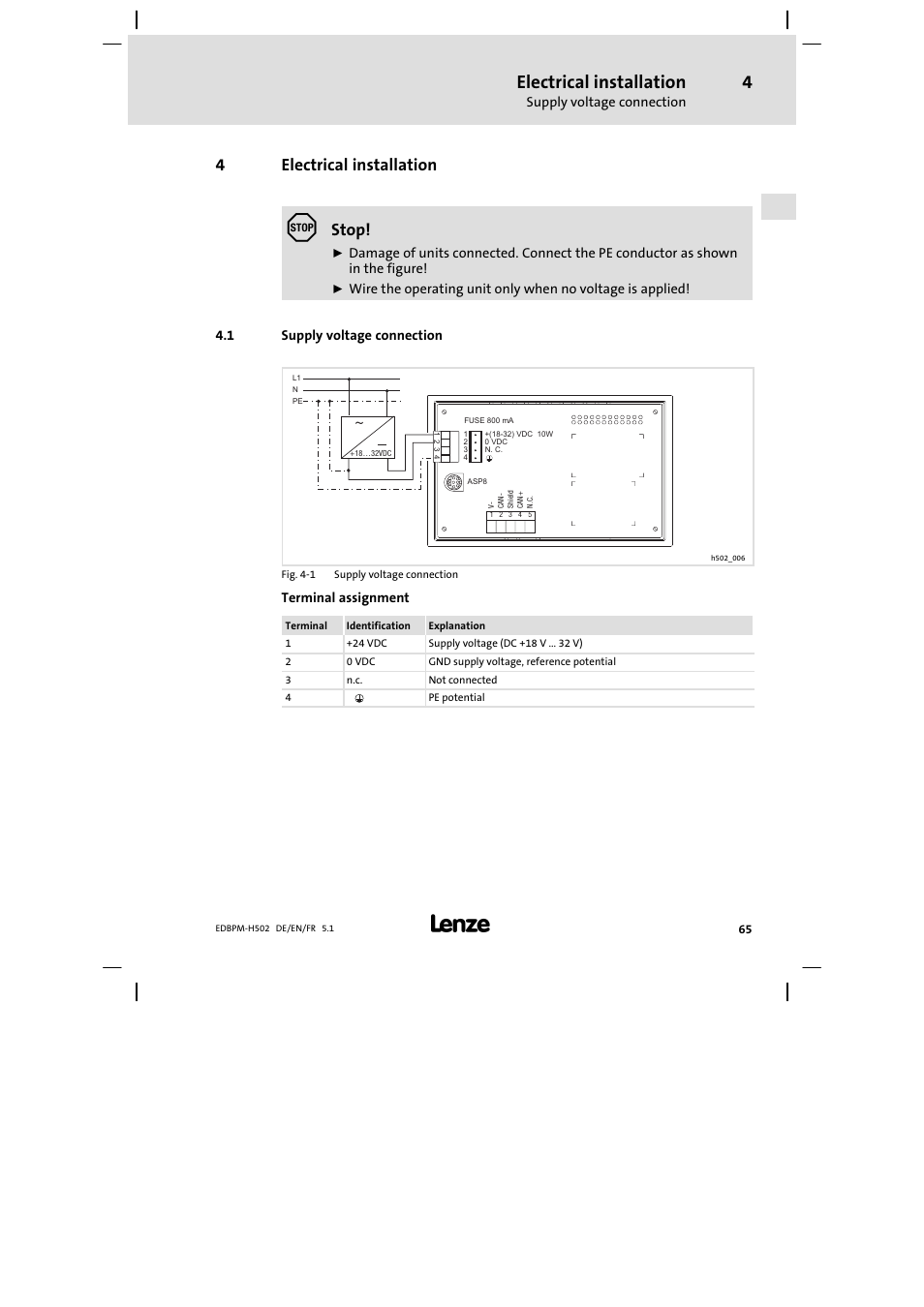 4 electrical installation, 1 supply voltage connection, Electrical installation | Supply voltage connection, 4electrical installation, Stop | Lenze EPM−H502 User Manual | Page 65 / 134