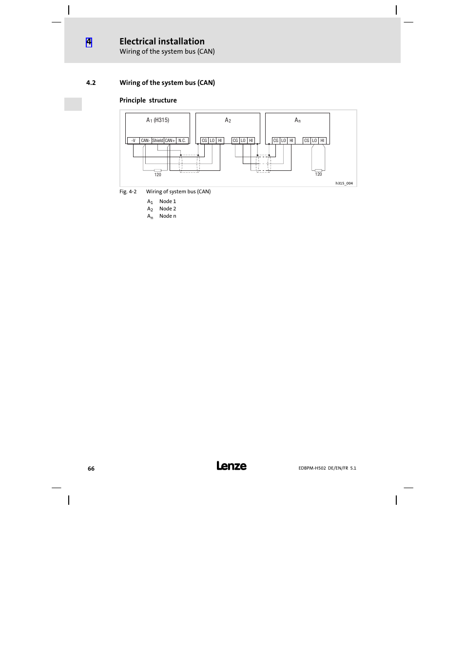 2 wiring of the system bus (can), Wiring of the system bus (can), Electrical installation | Lenze EPM−H502 User Manual | Page 66 / 134