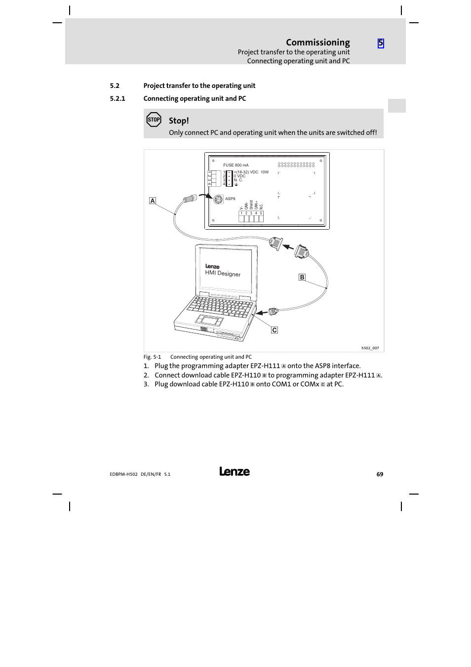 2 project transfer to the operating unit, 1 connecting operating unit and pc, Project transfer to the operating unit | Connecting operating unit and pc, Commissioning, Stop | Lenze EPM−H502 User Manual | Page 69 / 134