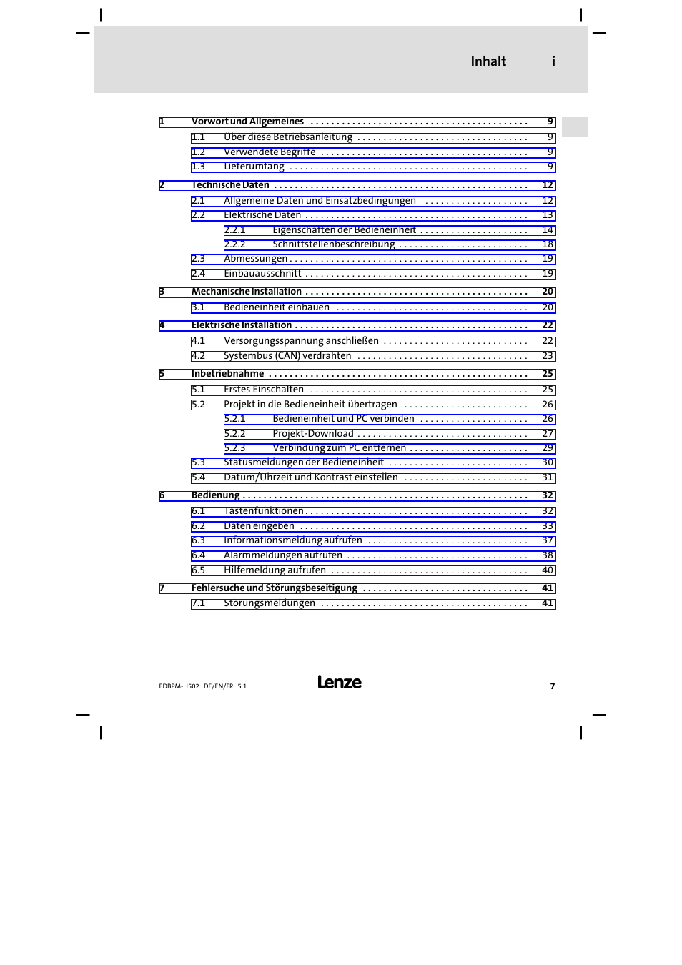 Inhalt, Inhalt i | Lenze EPM−H502 User Manual | Page 7 / 134