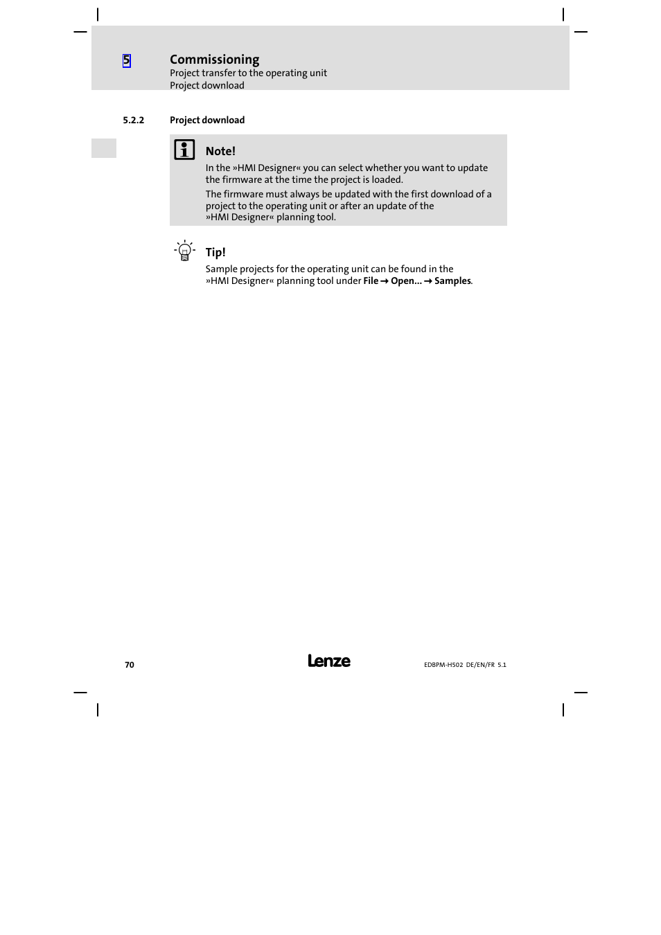 2 project download, Project download | Lenze EPM−H502 User Manual | Page 70 / 134