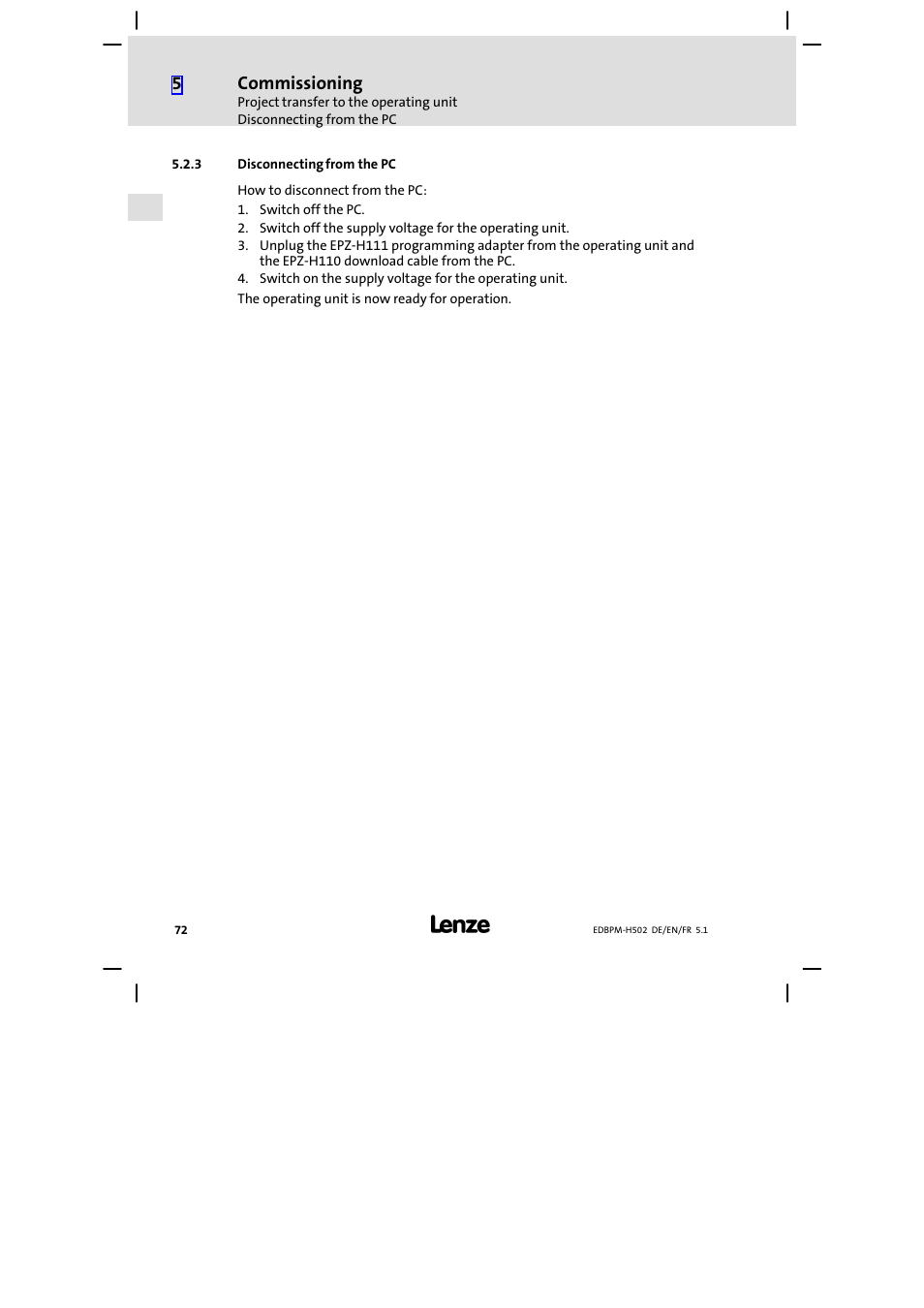 3 disconnecting from the pc, Disconnecting from the pc, Commissioning | Lenze EPM−H502 User Manual | Page 72 / 134