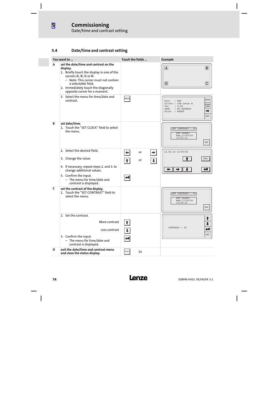 4 date/time and contrast setting, Date/time and contrast setting, Commissioning | Lenze EPM−H502 User Manual | Page 74 / 134