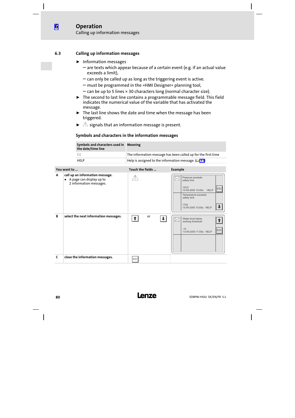 3 calling up information messages, Calling up information messages, Operation | Lenze EPM−H502 User Manual | Page 80 / 134