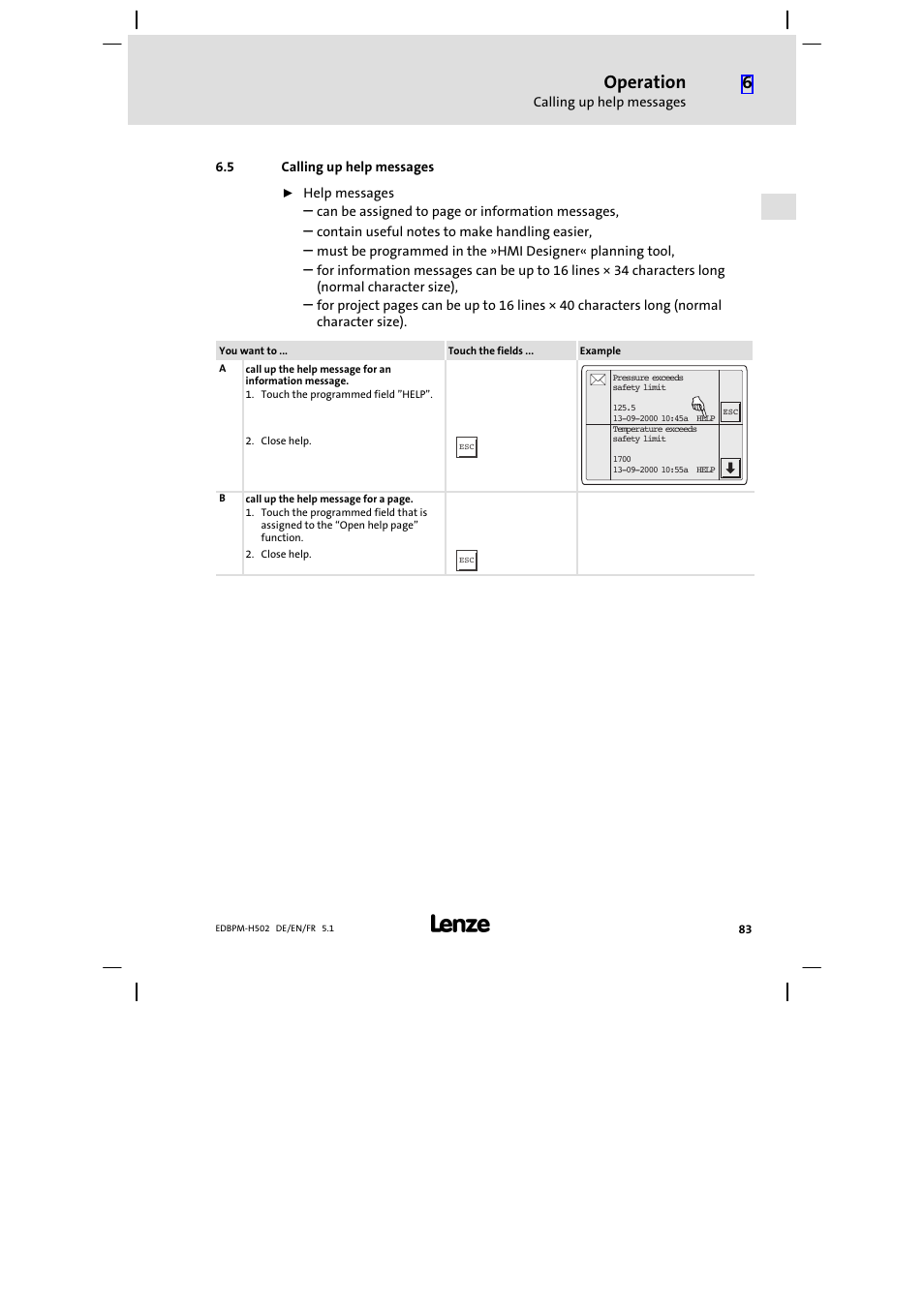 5 calling up help messages, Calling up help messages, Operation | Lenze EPM−H502 User Manual | Page 83 / 134