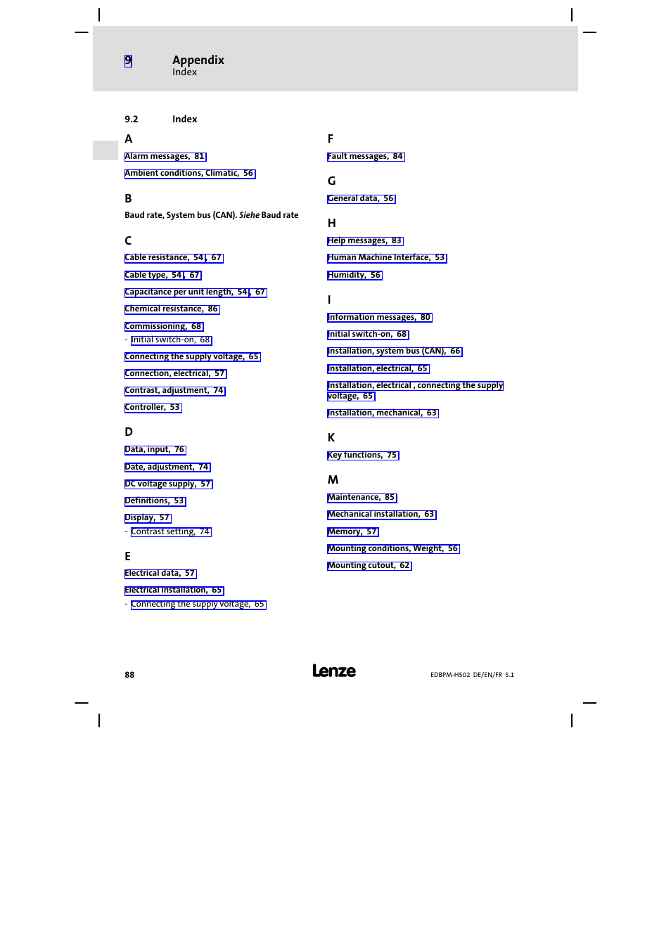 2 index, Index, Appendix | Lenze EPM−H502 User Manual | Page 88 / 134