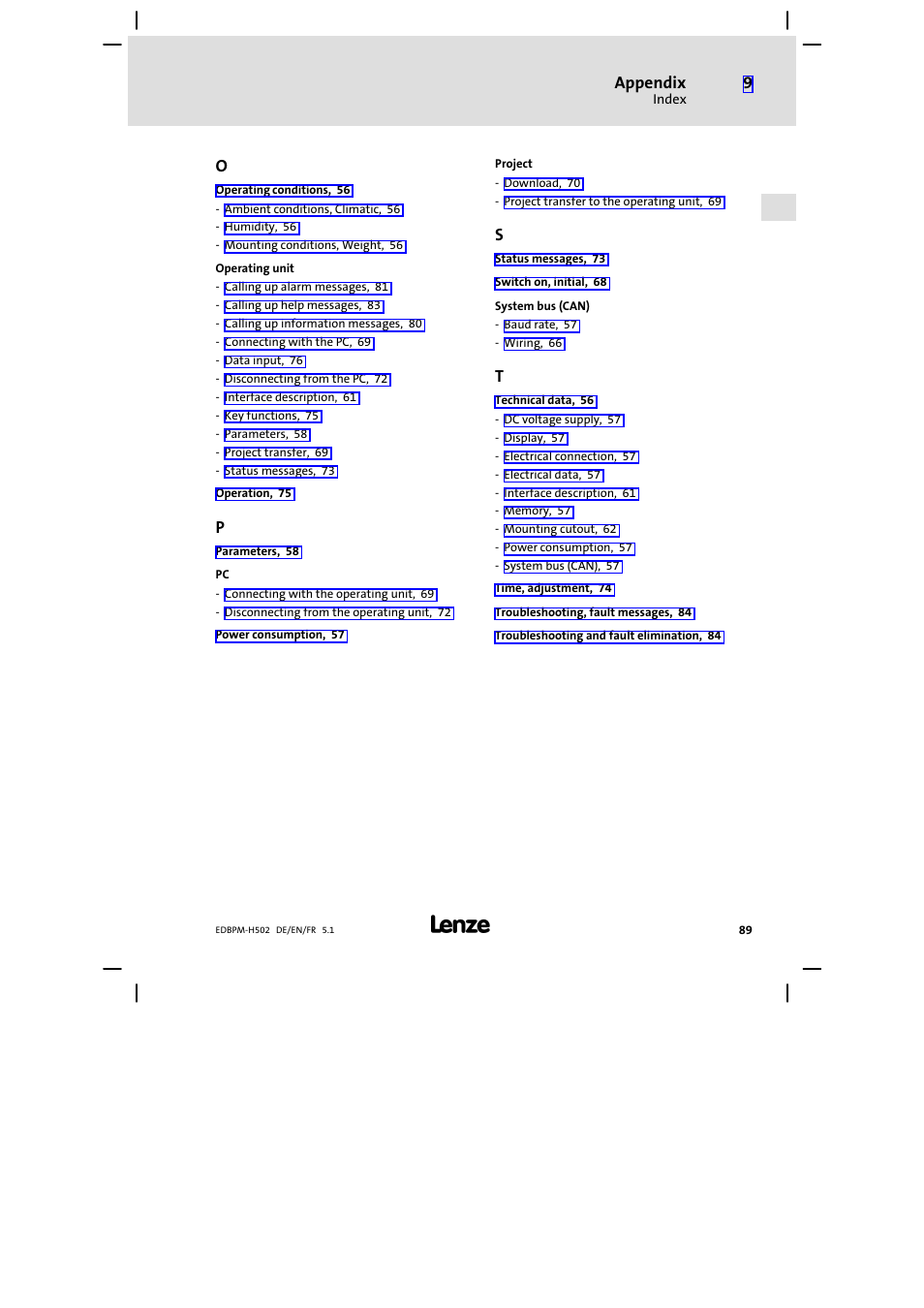 Appendix | Lenze EPM−H502 User Manual | Page 89 / 134