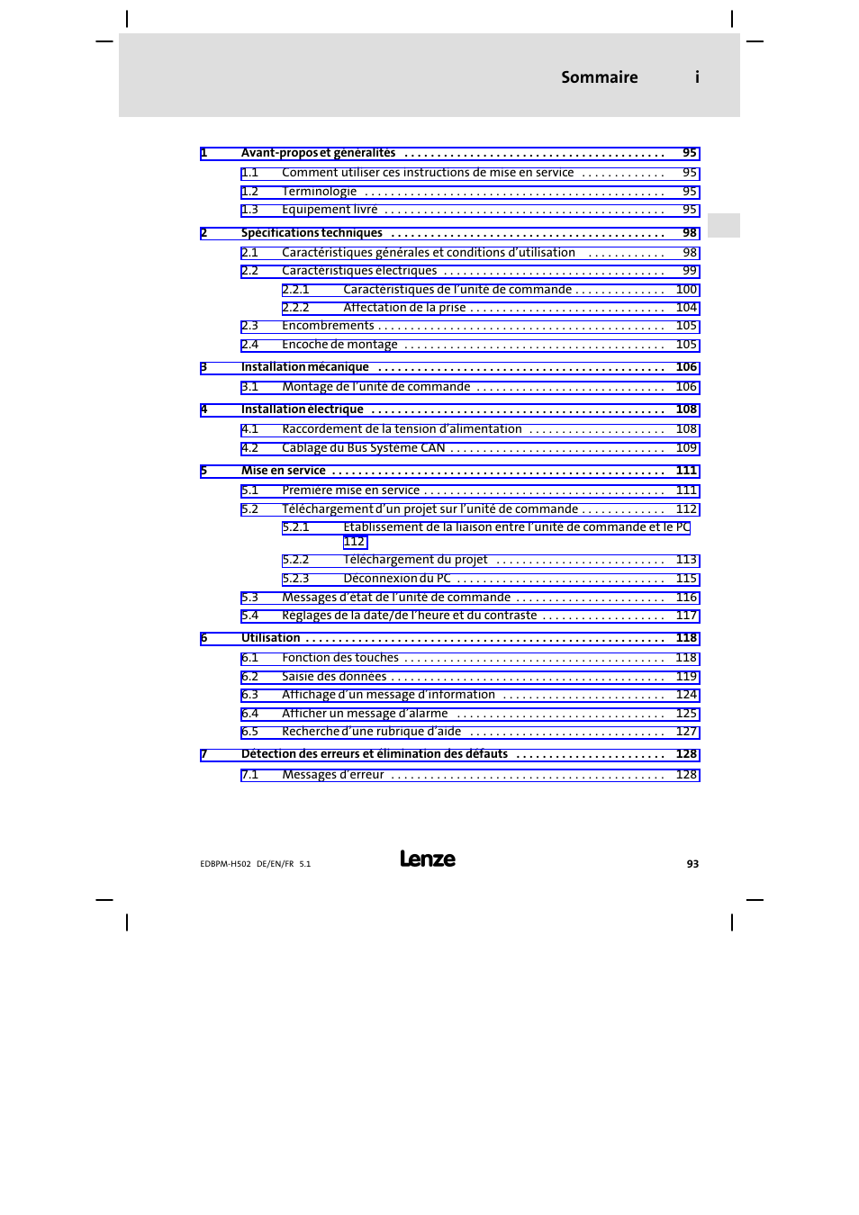 Sommaire, Sommaire i | Lenze EPM−H502 User Manual | Page 93 / 134