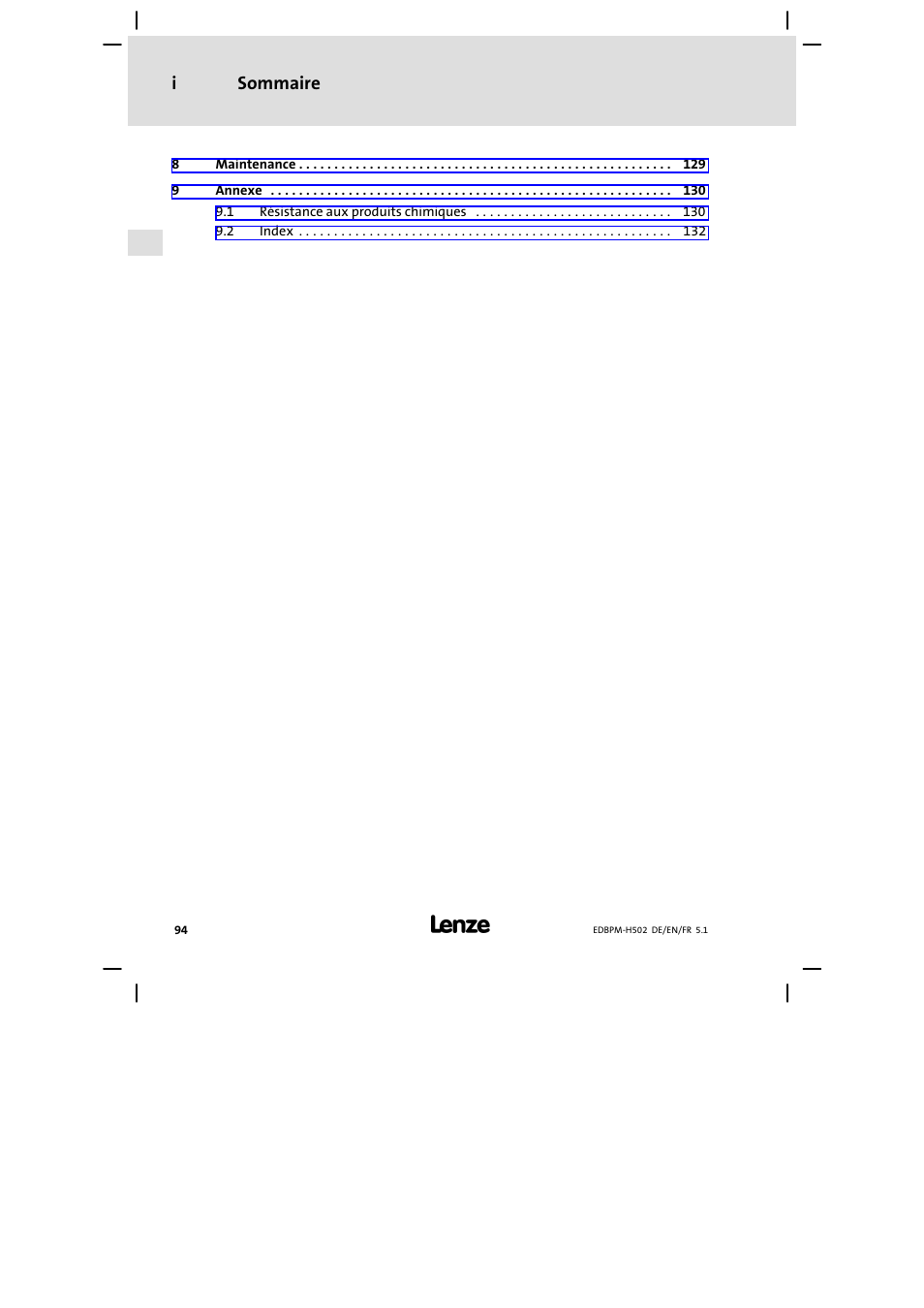 Sommaire i | Lenze EPM−H502 User Manual | Page 94 / 134