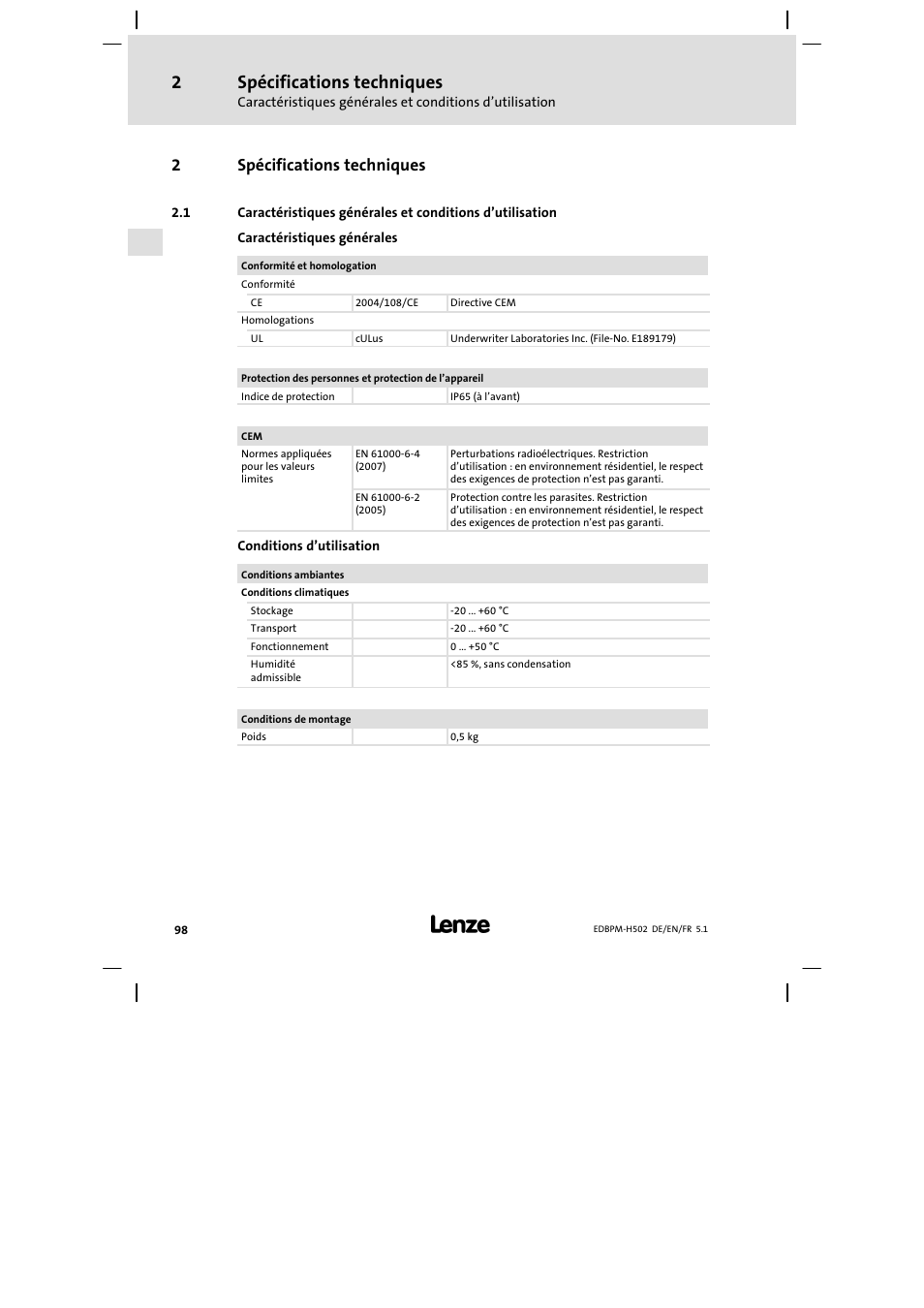 2 spécifications techniques, Spécifications techniques, 2spécifications techniques | Lenze EPM−H502 User Manual | Page 98 / 134